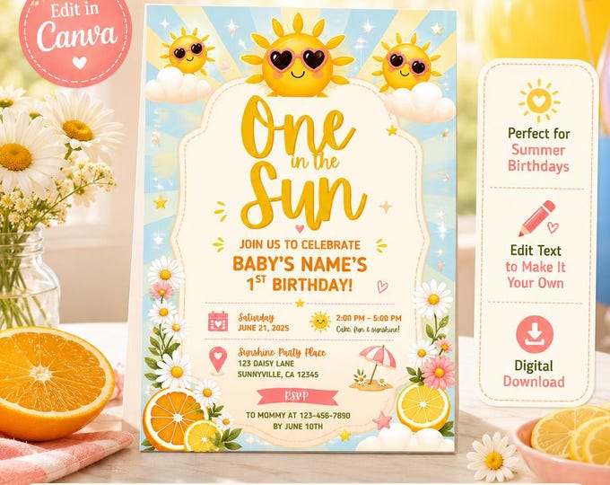 Featured listing image: One in the Sun Birthday Invitation Template, Editable Canva Invitation