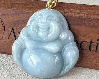 Purple Lavender Jadeite Jade Large Happy Buddha Carved Pendant with 18k Solid Gold Bail, YGR-0823-1706499519