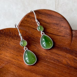 Forest Dew Drop Jade Earrings, Green Nephrite Jade Sterling Silver Earrings, JSY-0424-12101
