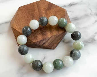 Pulsera grande redonda de cuentas de jadeíta de 14 mm, verde, gris, negra, MDFM-0822-1670129480