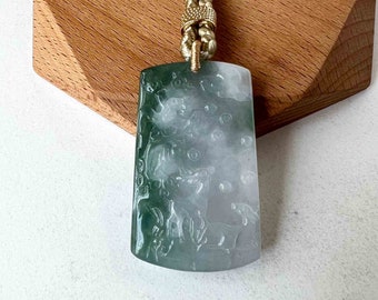 Green White Jadeite Jade Deers in Forest Hand Carved Pendant Necklace, YJ-1022-0064623