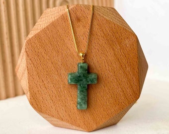Green Jadeite Jade Cross with 18K Solid Gold Bail Carved Pendant, SHWQ-0823-1699507269