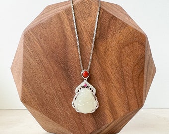 Jade Happy Buddha, Nephrite Jade Sterling Silver Pendant, XWZ-1222-1679454201