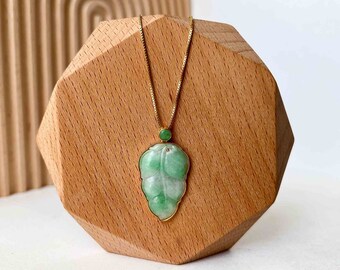 Green Jade Leaf with solid 18K Gold Frame, Jadeite Jade, Leaf Minimalist Hand Carved Pendant, YW-0110-1695763989