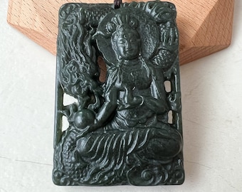 Nephrite Jade Guan Yin Necklace, Hand Carved, Dark Green Jade, Quan Am, Female Buddha Pendant, RM-1221-1649624212