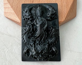 Black Jadeite Jade Omphacite Guan Yin Protected by Five Dragons Necklace, LGG-1221-1646193943