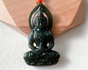 Dark Green Nephrite Jade Guan Yin Necklace, Hand Carved, Quan Am, Dark Green Jade Pendant, RM-1221-1646615179