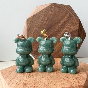 Green Jadeite Jade Teddy Bear, 18K Gold Bail, Hand Carved Pendant