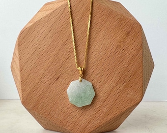 Small Green Jadeite Jade Yin Yang Pendant, 18K Gold Bail Hand Carved Pendant, Ba Gua Pendant, 八卦