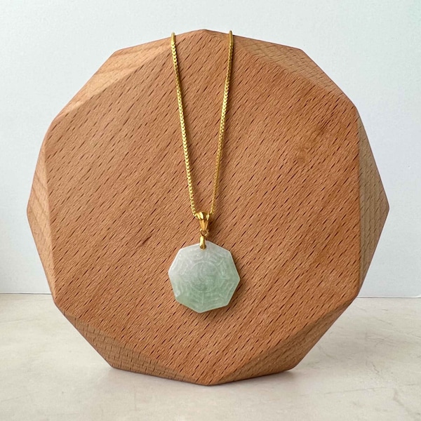 Small Green Jadeite Jade Yin Yang Pendant, 18K Gold Bail Hand Carved Pendant, Ba Gua Pendant, 八卦