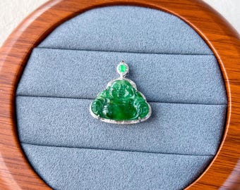 Pequeño Buda Feliz Verde, Colgante de Jade Jadeíta en Oro Blanco de 18 K, Collar con Colgante Tallado a Mano, QY-0921-DFZB45529