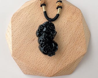 Black Obsidian Dragon Pixiu Pi Xiu, 貔貅, Carved Pendant Necklace, YW-0110-1646454234