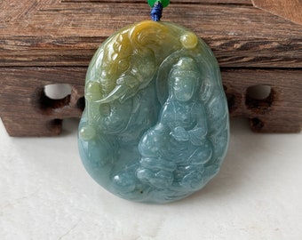 Collar con colgante de jadeíta, Guan Yin, Avalokiteshvara y el Elefante Noble, azul, verde, amarillo, tallado a mano, ZYF-0921-1646060832