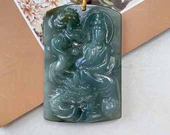 Naszyjnik z jadeitu Guan Yin Kwan Yin chroniony przez smoka Awalokiteśwarę, półprzezroczysty, rzeźbiony, YJ-0321-0348626