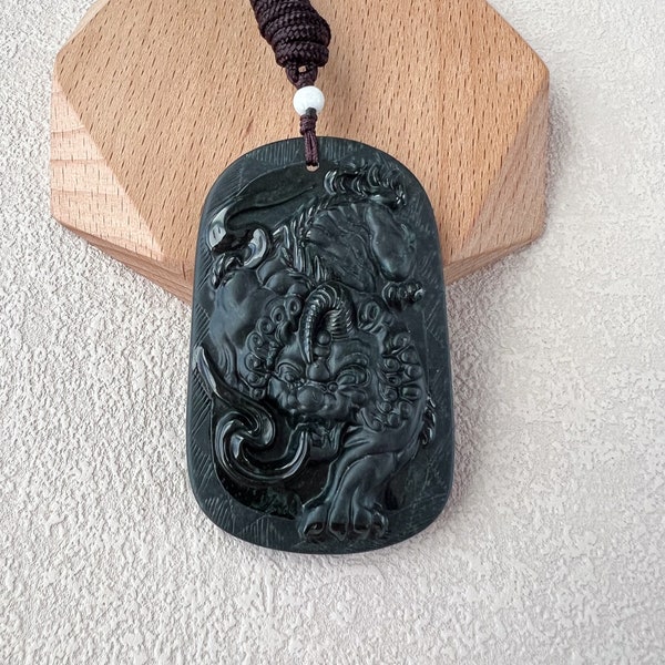 Eclipse Prosperity Pendant, Black Pi Xiu Pixiu Pi Yao, Dragon Lion, Jadeite Jade, 貔貅, Chinese Carved Pendant, LGG-1122-1715197937