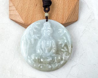 Grand collier en jadéite jade Guan Yin Avalokiteshvara sculpté à la main, YJ-0321-0360492