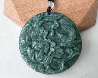 Green Jadeite Jade Floral Bird, Magpie, Hand Carved Pendant, YJ-0322-0319721