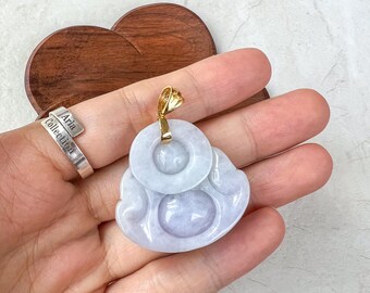 紫ラベンダー色の翡翠製ハッピーブッダ彫刻ペンダント、18金無垢
