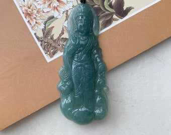 Collar con colgante tallado de jadeíta de Guan Yin Avalokiteshvara de pie, Quan Am, ZYF-0921-1646062788