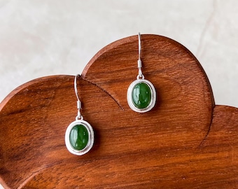 Jade Filigree Drop Earrings, Green Nephrite Jade Sterling Silver Earrings, JSY-0424-12015