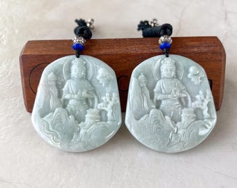 Collar con colgante tallado a mano de Avalokiteshvara con paisaje montañoso de Guan Yin de jadeíta, YJ-0321-0343549