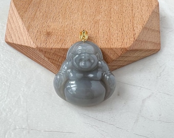 Smokey Purple Gray Nephrite Jade Happy Buddha with 18K Solid Gold Bail Pendant, HST-0424-1727649805