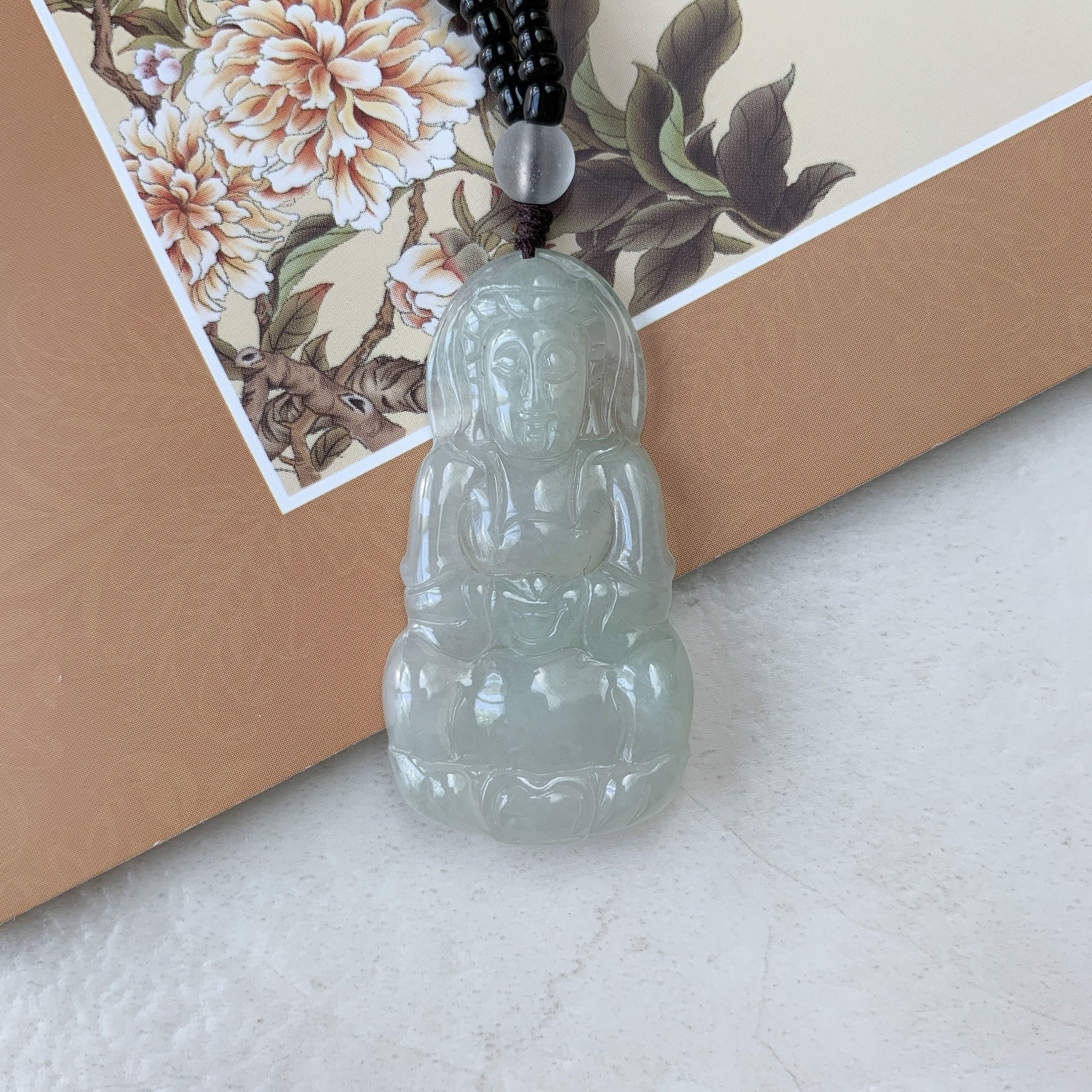 白翡翠翡翠観音菩薩手彫りペンダントネックレス、Quan Am、YJ-0321