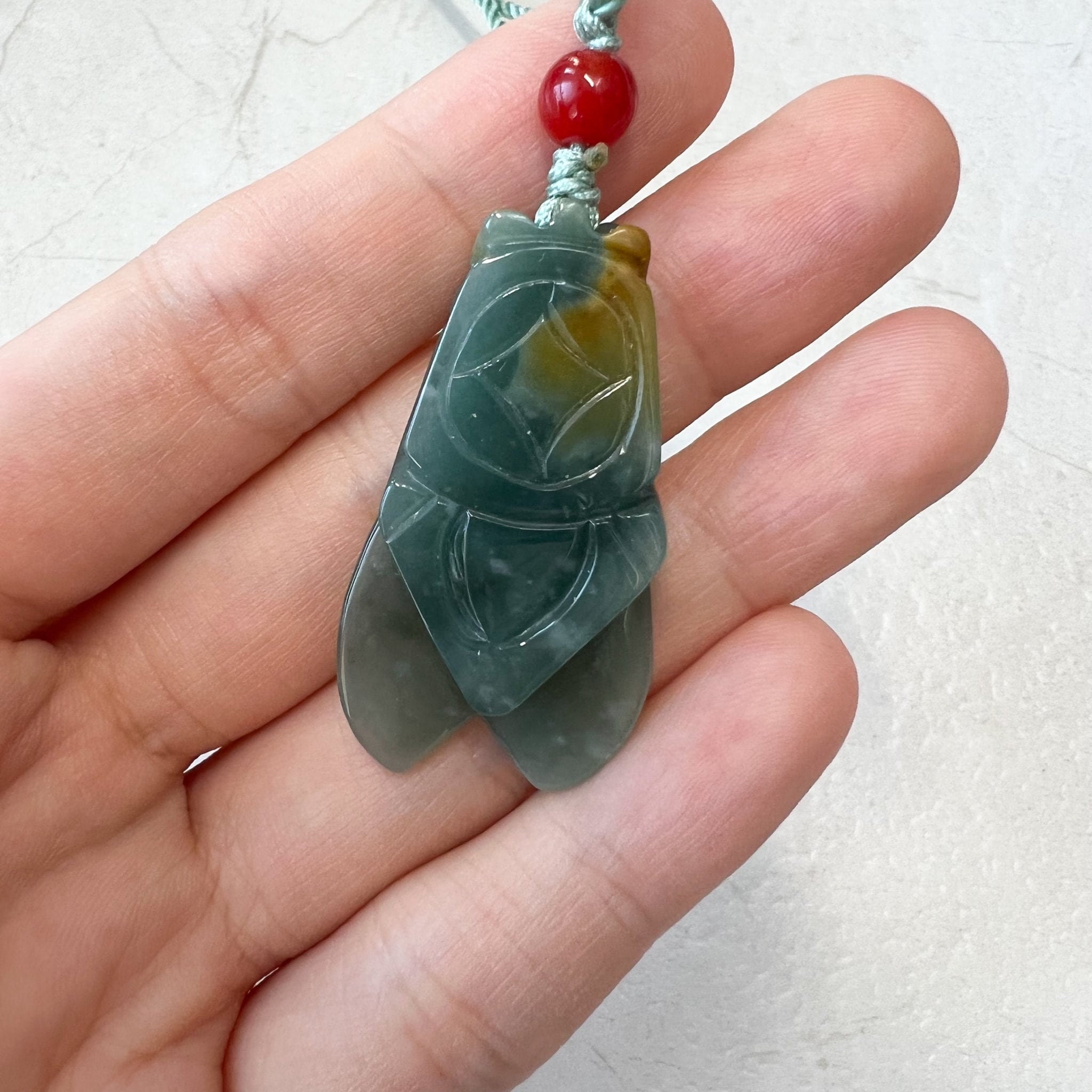 Green Blue Jadeite Jade Cicada Hand Carved Necklace, XFQ Green Blue Jadeite Jade Cicada Hand Carved Necklace, XFQ