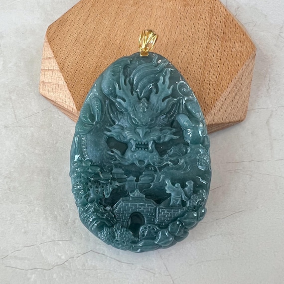 Dragon Landscape Jade Pendant, Very Large Jadeite Jade Hand Carved