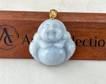 Grande ciondolo in giada giadeite viola lavanda con raffigurante un Buddha sorridente, con gancio in oro massiccio 18 carati, YGR-0823-1734587275