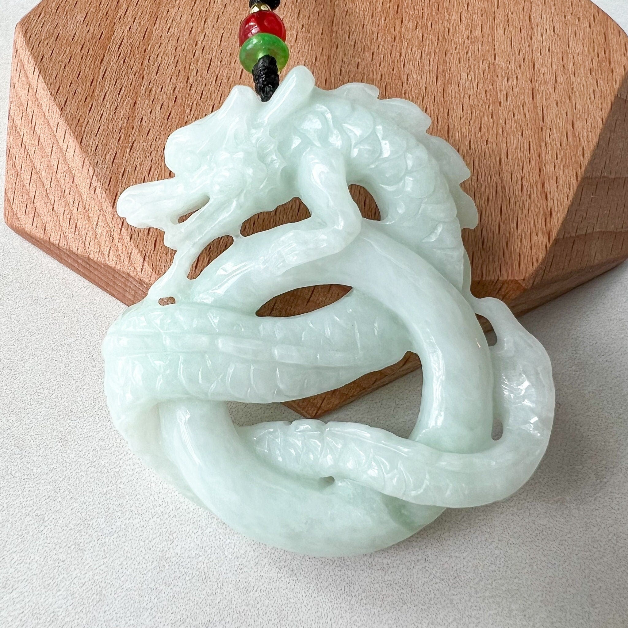 Large Jadeite Jade Dragon Pendant Necklace, Chinese Zodiac, Hand