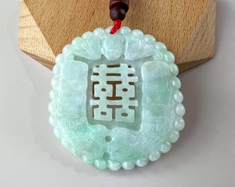双喜翡翠ペンダント、双喜翡翠結婚祝い幸福彫刻ネックレス、XY-0622