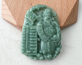 Zielony jadeitowy bóstwo fortuny, Caishen, bóg bogactwa, 财神, ręcznie rzeźbiony naszyjnik z wisiorem Cai Shen, YJ-0522-0426884