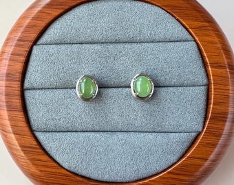 Pendientes clásicos ovalados de jade, pendientes de plata de ley con jade nefrita verde, JSY-0424-12059