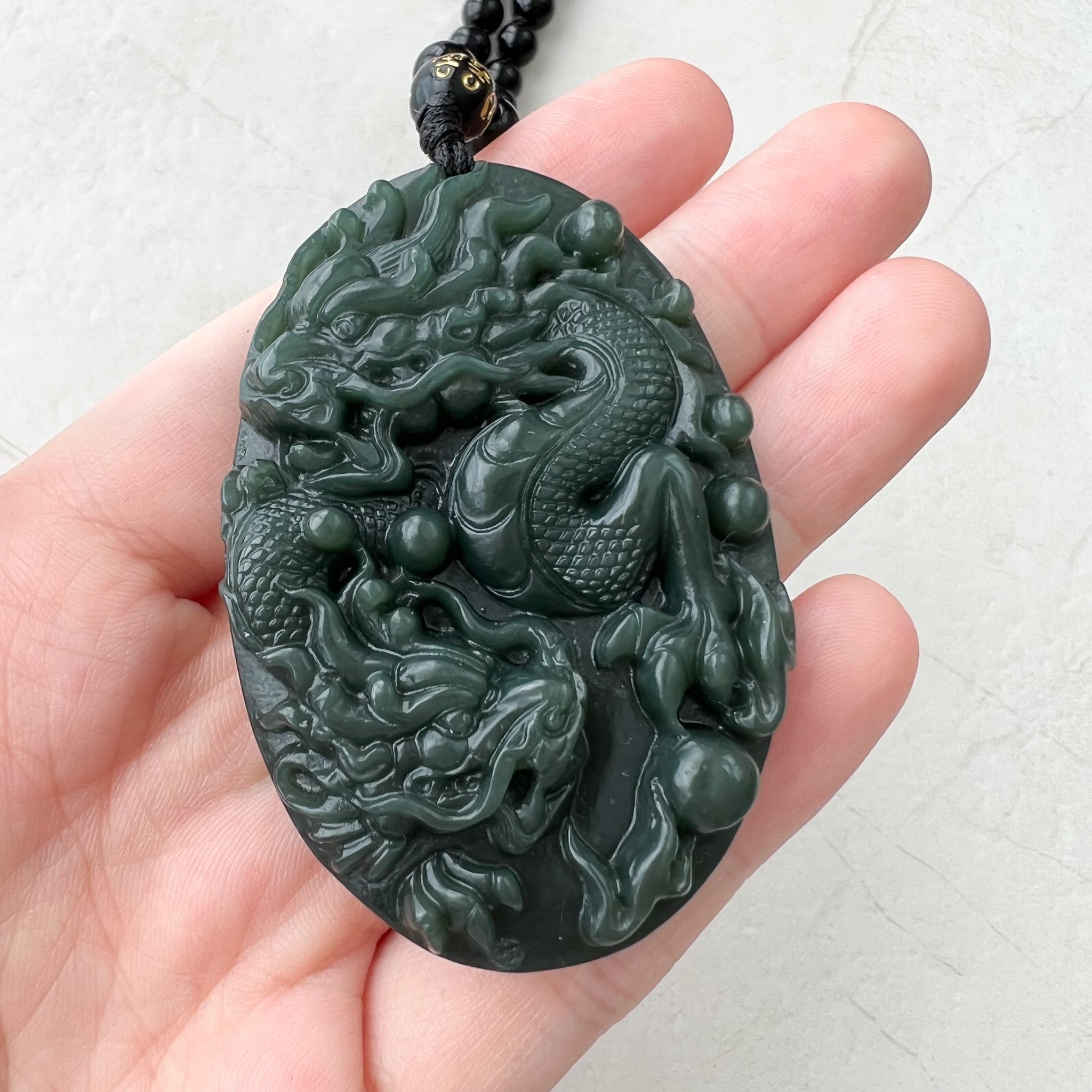Black YZ-1221-1648247276 Dark Green Nephrite Jade Dragon Hand Carved Necklace
