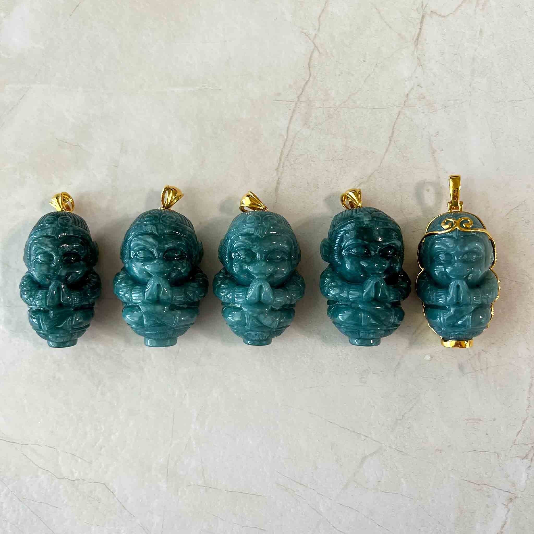 Blue Green Jadeite Jade Monkey King With 18K Gold Pendant