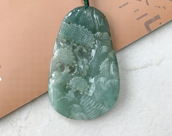 Green Tree Pendant, Jadeite Jade, Mountain Forest River Scenery, Hand Carved Pendant Necklace, YJ-0321-0447168