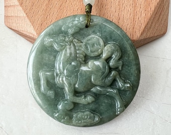 Green Horse Jade Jadeite Chinese Zodiac Carved Pendant Necklace, YJ-0322-0319663