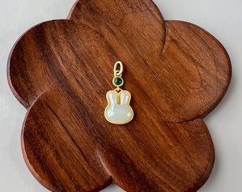 Lucky Rabbit Jade Pendant, Nephrite Jade Bunny Pendant with Gold Plated Sterling Silver, JSY-1025-0029