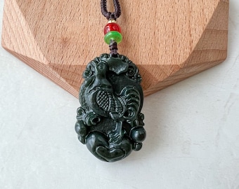 Rooster Chicken Chinese Zodiac, Nephrite Jade Dark Green Carved Pendant Necklace, RM-1221-1655225324