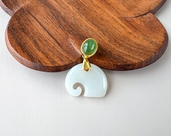 Elephant Blessing Jade Pendant, Nephrite Jade Gold Plated Sterling Silver Pendant, JSY-0424-4057