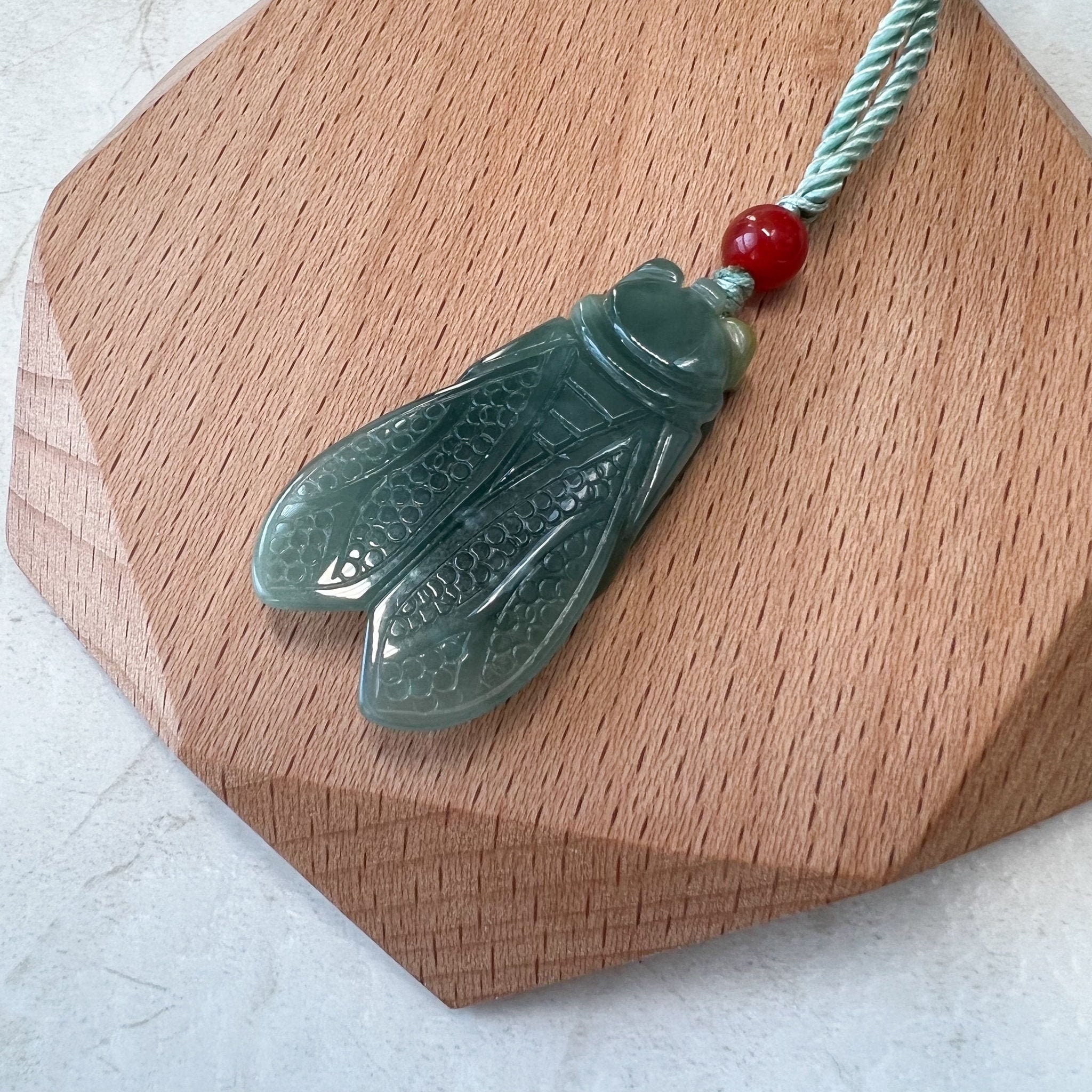 Green Blue Jadeite Jade Cicada Hand Carved Necklace, XFQ