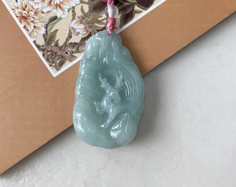 Jadeite Jade Deer in Forest Hand Carved Pendant Necklace, YJ-0321-0468569