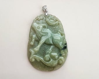 Fortune Luck Ox Jade Pendant with Sterling Silver Bail, Jadeite Jade Ox Bull Cow Chinese Zodiac Carved Necklace, NVN-0424-1749440017