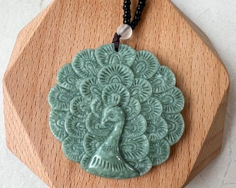 Large Green Jadeite Jade Peacock Carved Pendant, YJ-0522-0426883