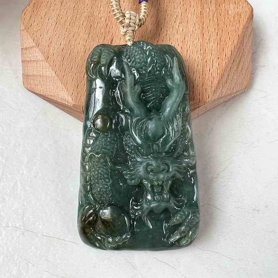Green Jadeite Jade Dragon Chinese Zodiac Hand Carved Pendant Necklace,  YJ-1222-0098069