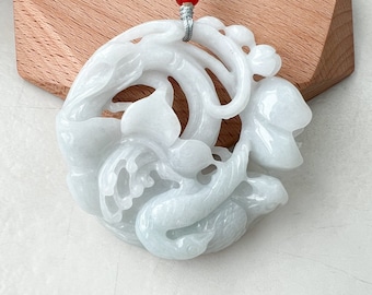 Jadeite Jade Floral Twin Bird Hand Carved Pendant, ZYF-1221