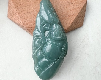 Colgante de jadeíta verde muy grande con forma de Buda feliz tallado en jadeíta, YJ-1221-0157015