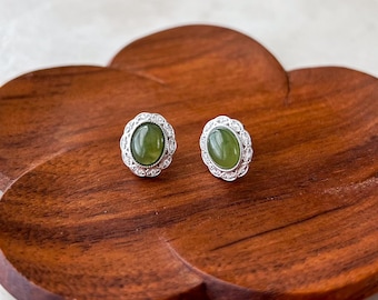 Clous d'oreilles classiques en jade vert, style 4, boucles d'oreilles en argent sterling avec jade néphrite vert, JSY-0424-12295