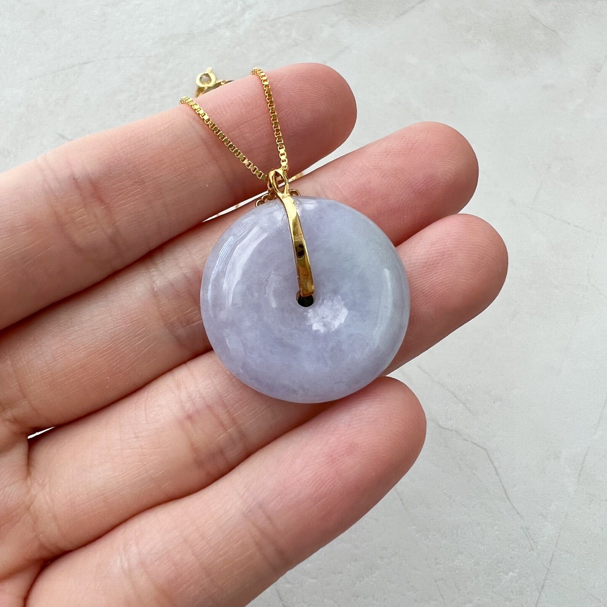 紫翡翠丸型58～59ハングル Purple Jade Donut Ping an Kou Pendant With 18K Gold, Jadeite